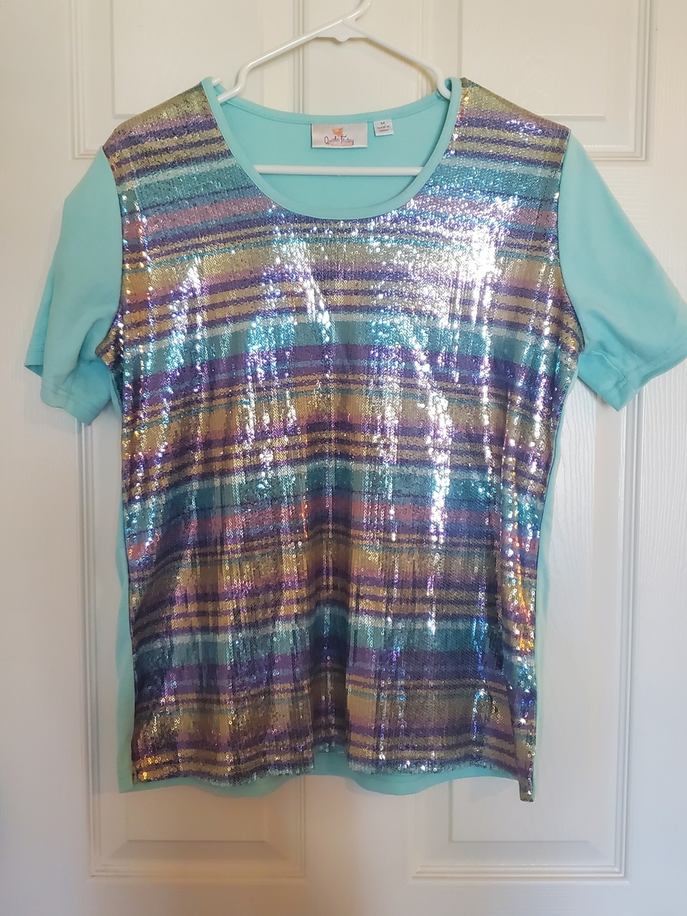Quacker Factory Aqua Sequin Short Sleeve Top